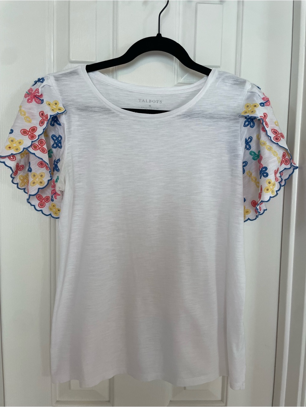 Talbots White Tee with Colorful Embroidered Flutter Sleeves